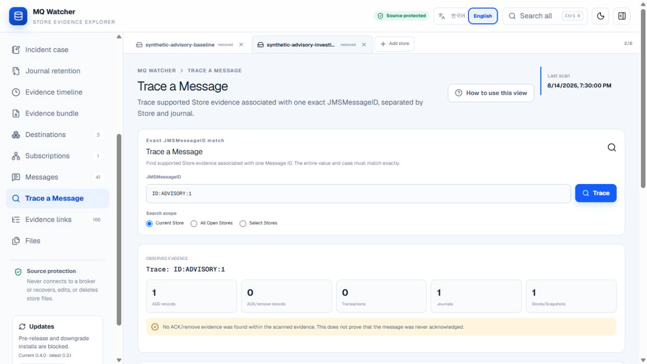 MQ Watcher message trace — one JMSMessageID traced across store evidence